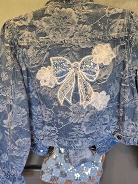 Embroidered Bow Denim Jacket in Blue with White Floral Accents